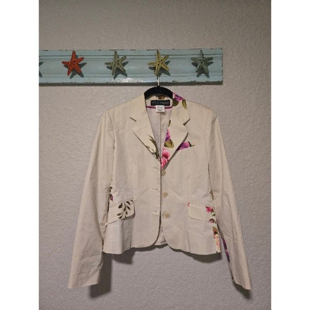 Harve Benard Women Cream Floral Trim Cotton Blazer Jacket Size 4 44M 3720 21 S04